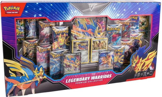 A product image featuring the Pokemon TCG: Legendary Warriors Premium Collection, which includes 14 Pokemon TCG booster packs, foil cards, and an oversized foil card.